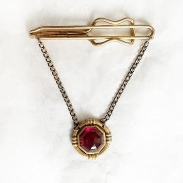 Mens ART DECO Vintage Hadley Tie Clip, Red Stone, Gold Chain, 1930s, 1920's, Ruby, Gold, Tie Bar, Pin 