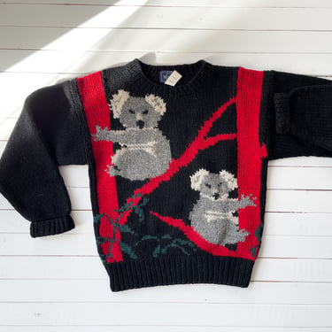 black wool sweater 80s 90s vintage Woolrich koala bear intarsia novelty sweater 