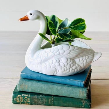 White Ceramic Swan / Goose Planter 6.25 Inches Tall 8 Inches Long 