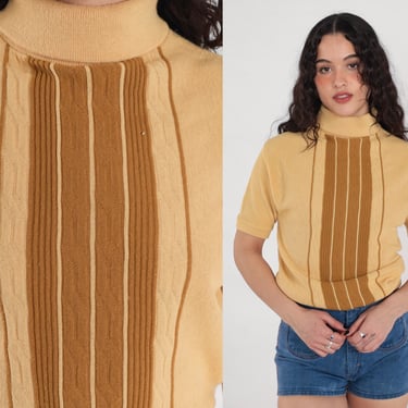 Mustard Knit Shirt 70s Sweater Short Sleeve Top Turtleneck Slouchy Cable Knit Sweater Brown Striped Pullover 1970s Vintage Medium 
