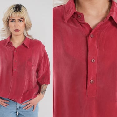 Red Polo Shirt 90s Silky Collared T-shirt Preppy Basic Slouchy Short Sleeve Top Banded Hem Half Button Up Plain Collar Vintage 1990s Mens XL 