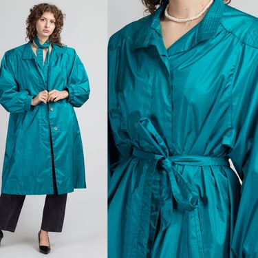 80s Shiny Belted Teal Trench Coat - Extra Large | Vintage Windsor Bay Oversized Long Jacket 