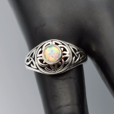 80's Celtic size 6 sterling white opal mystic solitaire, fiery round cab 925 silver tribal knot ring 