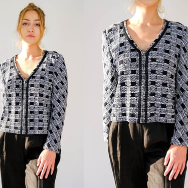 Vintage 90s St. John Collection Black & White Checkered Boucle Santana Knit Cropped Zip Cardigan | Made in USA | 1990s Y2K Designer Jacket 