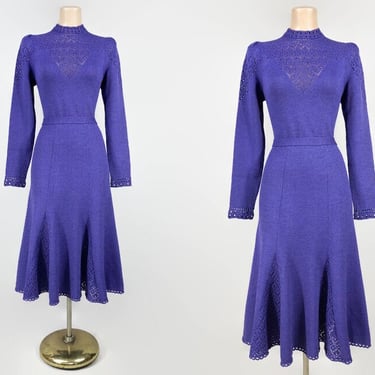 VINTAGE 1970s Purple Pointelle Knit Dress With Godet Hem and Original Belt by Miss JoAnn Sz 12| 70s does 40s Sweater Dress | Knitwear | VFG 