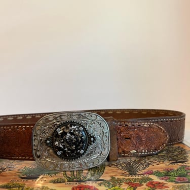 Vintage Handmade Tooled Stitched Chunky Stone Inlay Western Belt - L 