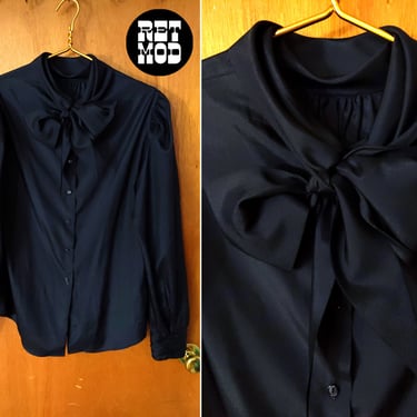 Vintage 70s 80s Black Pussybow Long Sleeve Blouse 