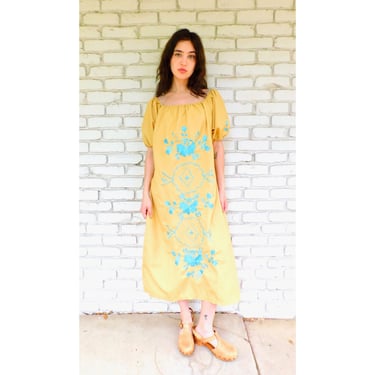Weekender Dress // vintage sun Mexican yellow gold embroidered floral boho hippie hippy midi 70s 70's 1970s 1970's // O/S 