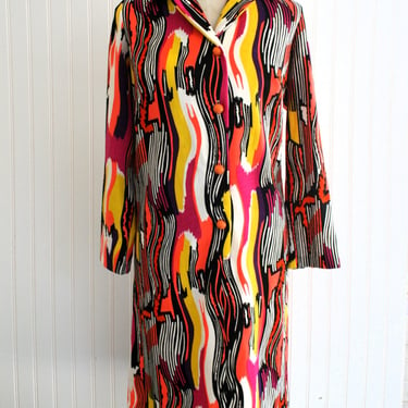 1970s - Mod Op Art - Day Dress - Shirt Dress - Sheath - Marked size 18 