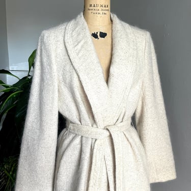 Classic 1970s Oatmeal Mohair and Silk Blend Belted Coat Vintage Medium 