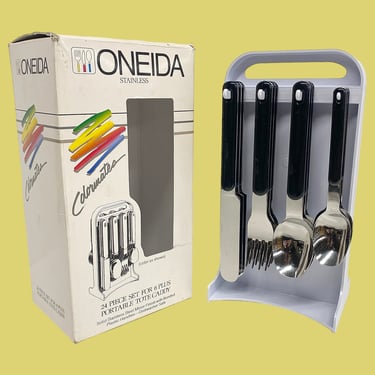 Vintage Oneida Cutlery Set Retro 1990s Contemporary + 24 Piece + Colormates + Silver Metal/Black Plastic + Tote Caddy + Kitchen Silverware 