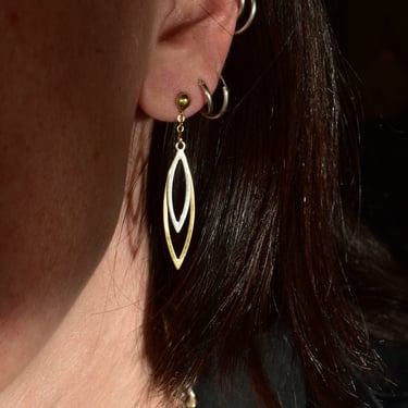 Minimalist 18K Two-Tone Pierced Dangle Earrings, Modernist Cut-Out Marquise-Shape Dangle Earrings, 44mm 