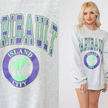 Faribault Minnesota Sweatshirt -- Grey Slouchy Vintage Crewneck 90s Jerzees Island City Neon Palm Tree 1990s Travel Extra Large xl 
