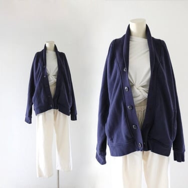 navy sweatshirt jacket - l - vintage 90s y2k blue unisex mens womens button cotton light lightweight jacket pockets 