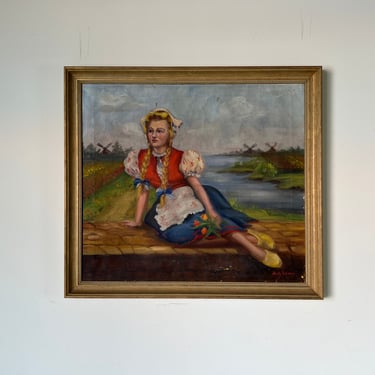 Vintage Figurative Dutch Woman - Windmill Landscaped Oil on Canvas Painting 