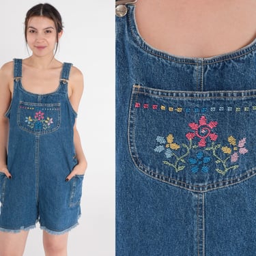 Floral Denim Shortalls Y2K Embroidered Overall Shorts Blue Jean Pinafore Jumper Romper Summer Jumpsuit Retro Hippie Boho Vintage 00s Small S 