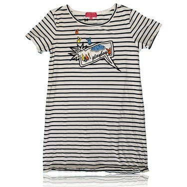 90s PLAYBOY Striped T-Shirt Dress // Mini Shift Dress // Embroidered Bunny Graphic Comic Word Bubble // Size Medium 