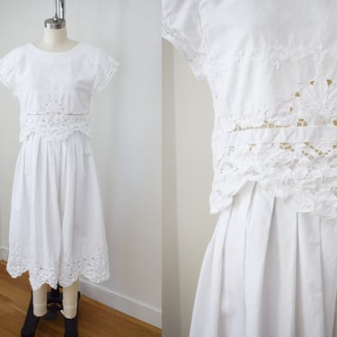 Vintage 1990s White Embroidered Cotton Dress Set | XS/S | 90s/1980s Boxy Blouse and Pleated Midi Skirt with Lace 