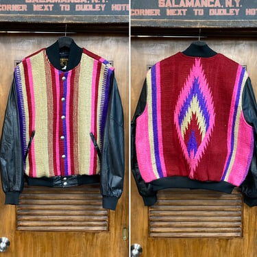 Vintage 1980’s Chimayo Southwest Bomber Blanket Leather Jacket with Buffalo Nickel Buttons, 80’s Vintage Clothing 
