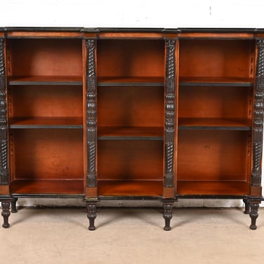 Herter Brothers Style Antique Victorian Carved Mahogany and Ebonized Triple Bookcase