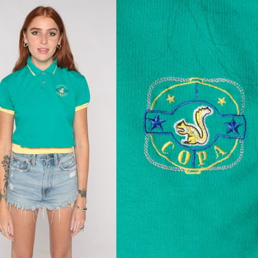 90s Polo Shirt Green Squirrel Crest Shirt Copa Banded Hem Cropped Quarter Button Up Tshirt Short Sleeve Vintage 1990s Retro Extra Small xs 