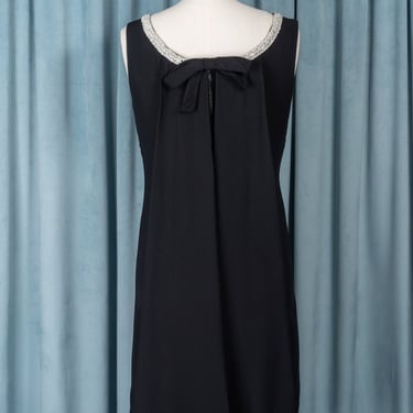 1960s Little Black Dress with Dramatic Back Drape Bow and Sparkle Trim 