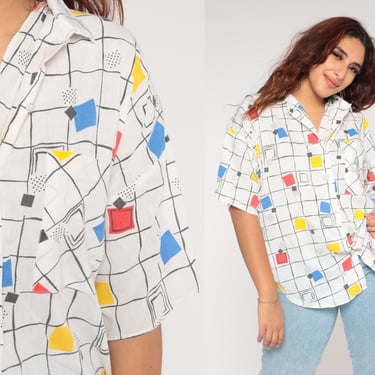 90s Checkered Shirt White Button Up Blouse Primary Color Short Sleeve Top Collared Geometric Red Blue Yellow Vintage 80s Extra Large xl 