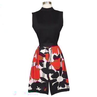Vintage 60s Tulip Floral Print Shift Dress Mod GoGo 1960s Red Black White XS Extra Small Sleeveless Graphic Spring Garden Sixties 