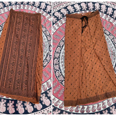 Vintage ‘70s Indian silk wrap skirt | pumpkin & black sari print silk maxi, M 
