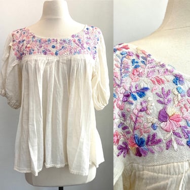 Sweet 70's Vintage EMBROIDERD COTTON GAUZE Top Blouse / Puff Sleeves 