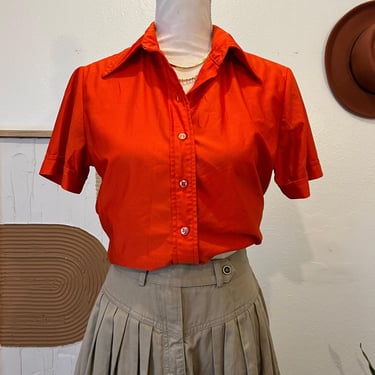 Vintage Lucky Winner 1970s Red Qiana Nylon Silky Button Front Blouse - M 