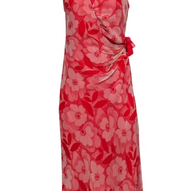 Laundry by Shelli Segal - Red Floral Silk Printed Wrap Dress w/ Brooch & Fringe Sz 10