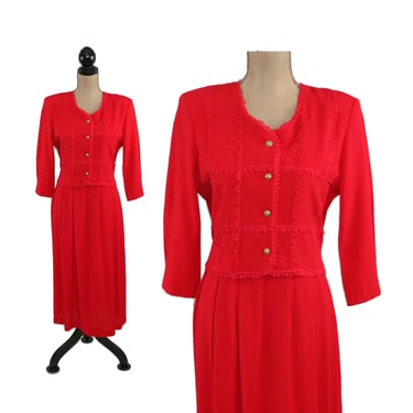 M 90s Modest Red Dress Medium, 3/4 Sleeve Crinkle Tie Back A Line Midi Dress, Petite 1990s Clothes Women, Vintage Clothing MISS DORBY Size 8 