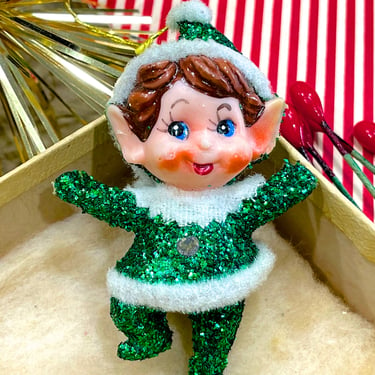VINTAGE: 1950s - Glittered Pixie Elf Ornament - Made in Japan - Christmas Decor - Home Decor - SKU Tub-28-00034484 