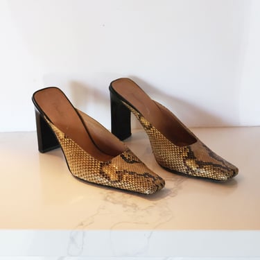 Vintage Y2K Era Square Toe Snakeskin Mules with Rectangular Heel sz 39 8.5 9 David Aaron Minimal Snake Leather 