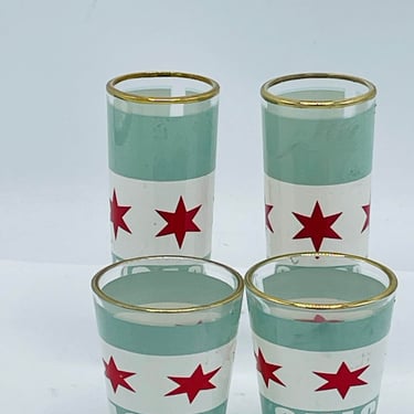 Set of four Souvenir Chicago SHOT GLASSES   - Aqua and Red Star- Mint 