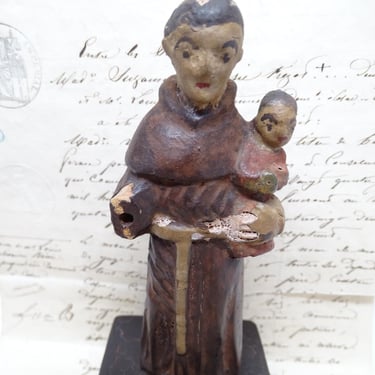 Antique 1800's San Antonio de Padua with Baby Jesus on Bible, Small 5 3/4 Inch Saint Anthony Santos, Vintage Religious Church Carving 