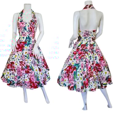 Roberta 1980s White Cotton Floral Print Fit & Flare Halter Dress Sz Med 