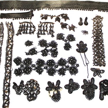 Victorian Antique Lot of Black Glass Appliqués Beaded Trim Soutache Crochet Cord - 19 Pieces 