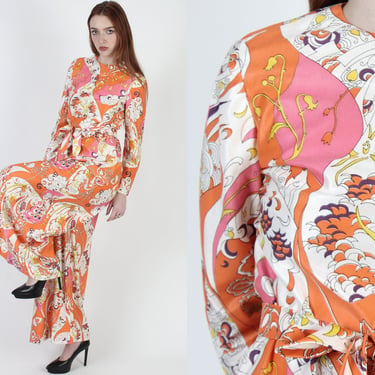Disco Mod Colorful 2 Piece Pant Suit, Vintage 70s Asian Floral Lounge Outfit, Wide Leg Playsuit Separates 