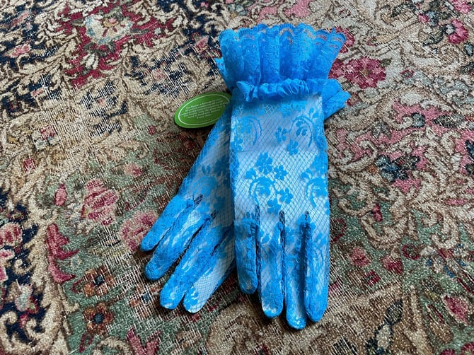 New old stock vintage ‘80s Van Raalte party gloves | blue lace gloves with ruffle, ‘90s aesthetic, Halloween costume 