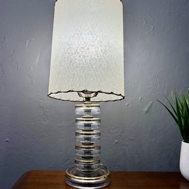 1950s Pair of Mid Century Modern Bedside Table Lamps w/ Original Parchment Shades STUNNING Vintage Atomic Age Glass Gold
