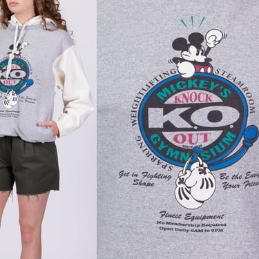 90s Mickey Mouse Boxing Hoodie - Unisex Medium | Vintage Knockout Gymnasium Disney Color Block Hooded Sweatshirt 