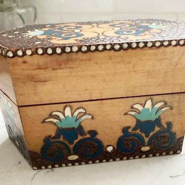 Vintage Polish Pyrography Carved Wooden and Hand Painted Trinket Box by LeChalet