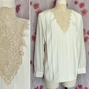 High Neck Blouse, Sheer Lace, Vintage Top, Victorian Style, Pleats, Silky Feel, Lacy 