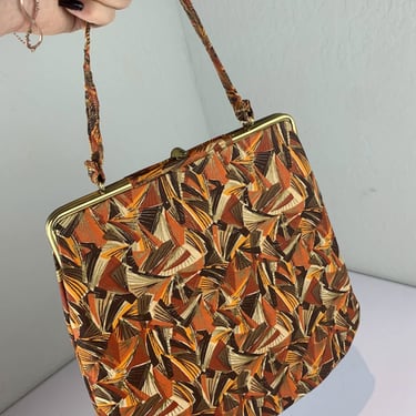 Autumn Colours - Vintage 1950s 1960s Geometric Orange Brown Beige Fabric Tall Slender Handbag Purse 