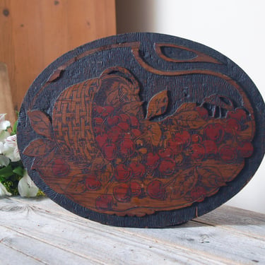 Vintage pyrography cherry basket Flemish art / wood pyrography art / burnt wood folk art / antique Flemish carved wood / oval fruit woodcut 