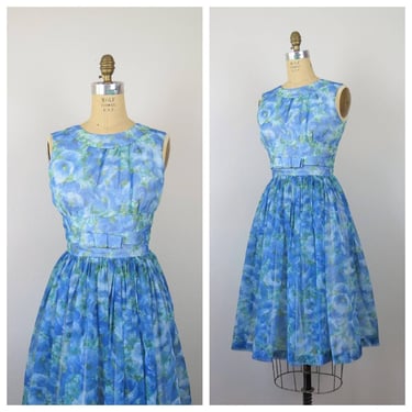 Vintage 1950s floral chiffon dress, fit and flare, formal, party 