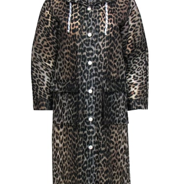 Ganni - Grey & Black Leopard Print Snap-Up Hooded Longline Raincoat Sz 2