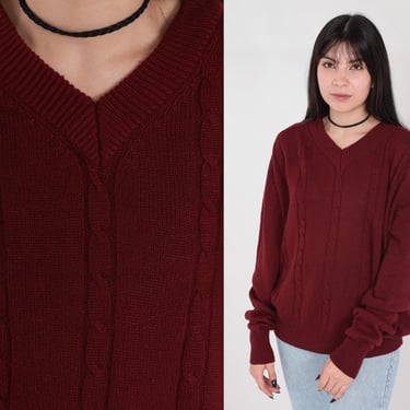 Maroon Sweater 80s Cable Knit Pullover Sweater V Neck Simple Basic Plain Fall Chunky Cableknit Jumper Acrylic Vintage 1980s Mens Large L 